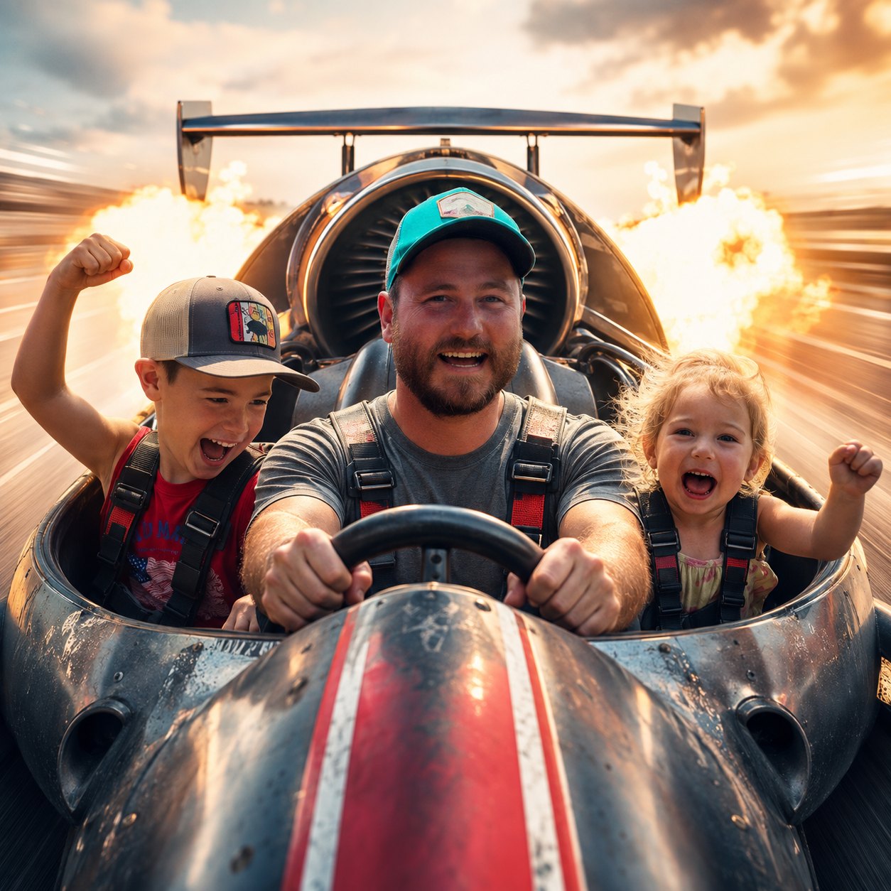 A dad and his two kids strapped into a jet-powered rail, flames off the back, sunset behind them.